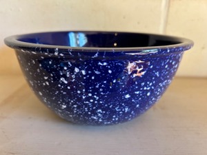 lot 432 image: Vintage SPATTERWARE Blue and White Stoneware Bowl Shiny Glaze