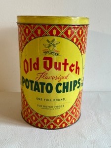 lot 444 image: Vintage MCM Mid Century OLD DUTCH Potato Chip Tall Covered Tin by Cans Inc