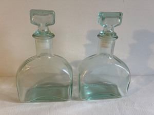 lot 450 image: Vintage Pair of Aqua Glass DECANTER Bottles w Toppers