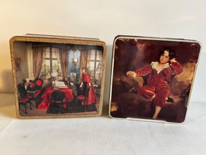 lot 452 image: Vintage Square Collectible TINS Paintings Renaissance Period Master Lambton & Dinning Room Scene - Qty 2