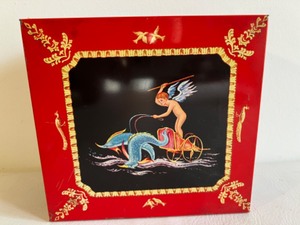 lot 453 image: Vintage Huntly & Palmers Art Deco Cherub Riding Dolphins Collectible Square Biscuit Tin