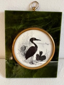 lot 422 image: HERON in SILHOUETTE  by Marcelle D. Shears Miniature Print Mounted on a Faux Jade Plaque