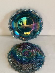lot 421 image: Vintage INDIANA GLASS Co. Blue Carnival Glass Ruffled Edge Bowl -Qty 2