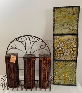 lot 415 image: New Decorative Embossed Metal Wall Sculpture, Metal Wire Wall Shelf with Rattan Storage Tubes by PIER 1