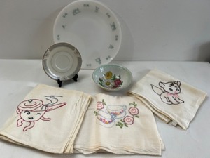 lot 411 image: Vintage Embroidered Kitchen Towels Kitty Cat, Anthropormophic Pot , a Fireking Milkglass Plate, Wheelock Plate & More