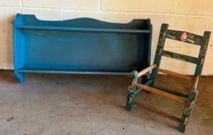 lot 403 image: Blue 2 Tiered Scalloped Swedish Shelf and Childs Chair Painted in Blue with Tole Painted Flowers