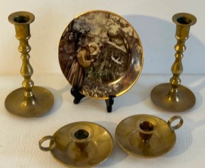 lot 336 image: Vintage Brass Candlesticks and Porcelain Religious  Print Plate - Gothic Browns - Austria