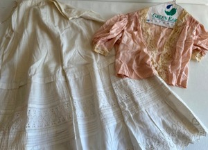 lot 145 image: Antique Victorian Silk Polk-A Dot Laced Edged Ruched Pleated Ladies Blouse and Cotton Prairie Petticoat