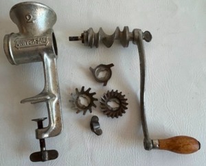 lot 332 image: Antique Cast Iron UNIVERSAL Meat Grinder Wood Handle and Attachments