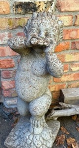 lot 323 image: Weathered Concrete Half Goat Boy SATYR Pixie Playing a Flute Garden Decor Statue