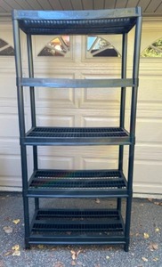 lot 322 image: Black Plastic SHELVING Garage Storage Sturdy 5 Shelves