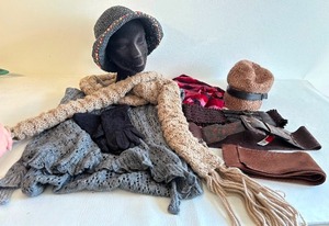 lot 376 image: Black Toucan Hat with Multicolored beads Plus Scarves, Hats and Belts