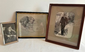 lot 385 image: Framed Vintage Portrait Art representing Men, Dogs and Babies