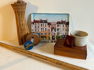 lot 390 image: Antique & Vintage Grouping of Collectible Items Including a De Lacroix Picture Tray, Wicker Matchstick holder & More