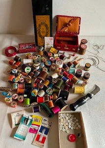 lot 45 image: Large Vintage Lot of Sewing Items Including Wooden Spool Threads, a Leather Sewing Kit and Other Notions