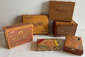 lot 293 image: Vintage Lot of Wood CIGAR BOXES Including Stetson, Schimmelpennick, Don Thomas & More