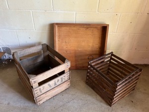 lot 115 image: Vintage Antique Collection of Crates and Boxes Including PAPE, Wood Tray and Egg Crate