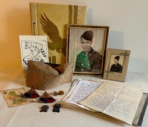 lot 308 image: Vintage WWII  Soldiers Memorabilia of the 109th Tank Battalion Metals, Patches, Letters, Photo Album & More
