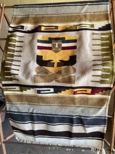 lot 303 image: Vintage SERAPE Mexican Saddle BLANKET or RUG Wool Woven Fringed Collectible Piece