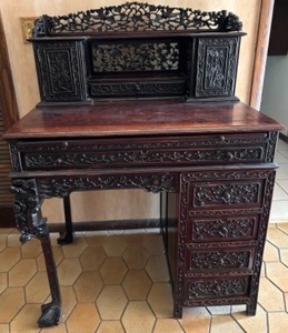 lot 1 image: Antique 19th Century Carved Chinese Hardwood Wood DESK Desk