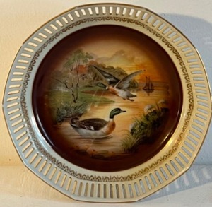 lot 250 image: Vintage Carl Schumann Dresden Style Hand Painted MALLARD DUCKS ON LAKE - Reticulated Porcelain Bowl Germany