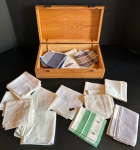 lot 467 image: Vintage Collection of Mens Handkerchiefs in an Old French Wooden Mouton-Cadet Wine Bottle Box