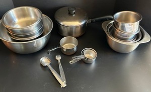 lot 473 image: Vintage Stainless Steel Baking Set of Bowls, Measuring Cups, Spoons & Revere Cooking Pot