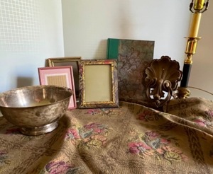 lot 477 image: Vintage Victorian Style Lot Tapestry Table Runner, Wood Carved Architectural Piece & More
