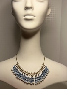 lot 9 image: Vintage Flapper Bib Necklace With Bluebell Plastic Flowers and Milk Glass Beads