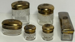 lot 5 image: Stunning ALBERT BARKER London STERLING SILVER Topped Crystal VANITY SET