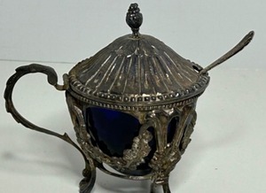 lot 7 image: Antique Sugar Bowl w Miniature 800 Silver Spoon by V FORTRAIT Silver Filigree Frame