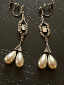 lot 382 image: ART DECO Rhinestone & Tear Drop Pearl Dangle EARRINGS Clip On Sterling