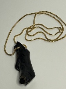 lot 487 image: Branch Black CORAL Pendant on Long Boxed Link 14Kt Gold Chain