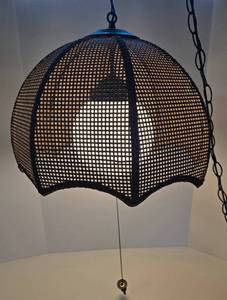 lot 10 image: Vintage Boho Wicker Rattan Globe Swag Lamp 