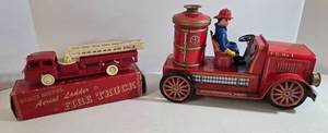 lot 8 image: Vintage 50s Tinplate Fire Truck & Plastic Fire Truck