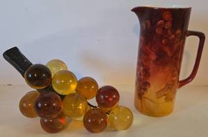 lot 91 image: Vintage Lucite Grape Cluster and Hand Painted Pitcher by Donna Gysler