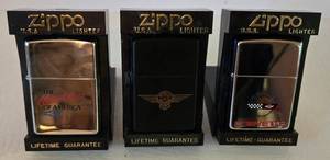 lot 46 image: 3 Collectible ZIPPO Lighters Heartbeat, Harley & Corvette 