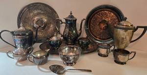 lot 93 image: Silver Plated Serving Trays wTeapots, Sugar and Creamers