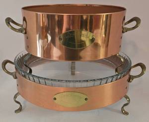 lot 97 image: 2 Vintage DA LA CUISINE Copper & Brass Pyrex Serving Holders