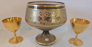 lot 109 image: MCM Czech Bohemian Glass Compote Bowl & 2 Gold Goblets