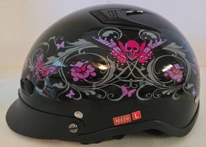 lot 142 image: Outlaw T-72 Flowers and Pink Skull Butterflies DOT Helmet