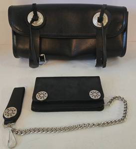 lot 143 image: Motorcycle Front Fork Tool Pouch & 44 Mag Wallet wChain