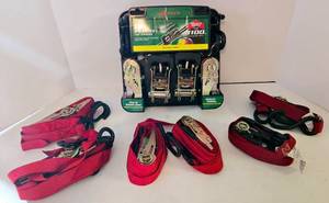 lot 160 image: 1 New Package of Ratchet Tie Downs  6 Used Singles 