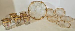 lot 208 image: Vintage Gold Edge Serving Bowls & Glasses