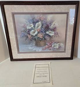 lot 214 image: Vintage Reproduction Print Lena Y Liu Basket of Calla Lilies