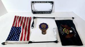 lot 217 image: Vintage American Legion Topper, Motorcycle Flags and License Plate Frame