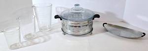 lot 221 image: Vintage FIRE KING Blue Sapphire Casserole, Tray, & Glass Beakers