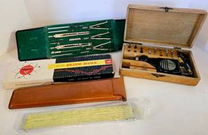 lot 223 image: Vintage Tools for Drafting, Wood & Leather Engraving & Pickett Slide Rule