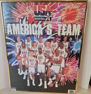 lot 262 image: Vintage 1992 Framed USA Basketball Team Poster
