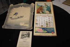 Lot of (3) Vintage Calendar Wall Art - 1938 Calendar, 1934 Calendar, Girl In Boat